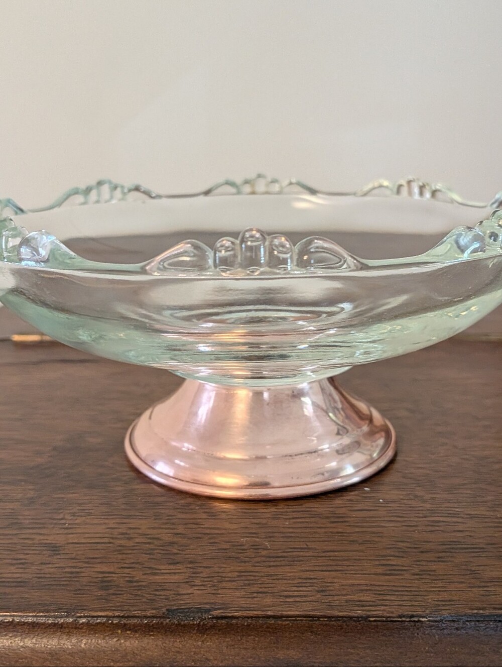 Clear Glass Scalloped Bowl with Copper Pedestal Base